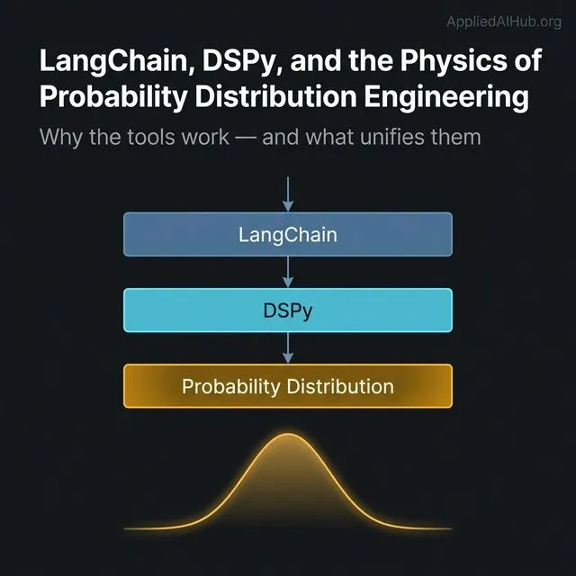 A three-layer architecture diagram showing LangChain as the pipe system, DSPy as the automated valve, and Probability Distribution Engineering as the underlying fluid dynamics that explains both
