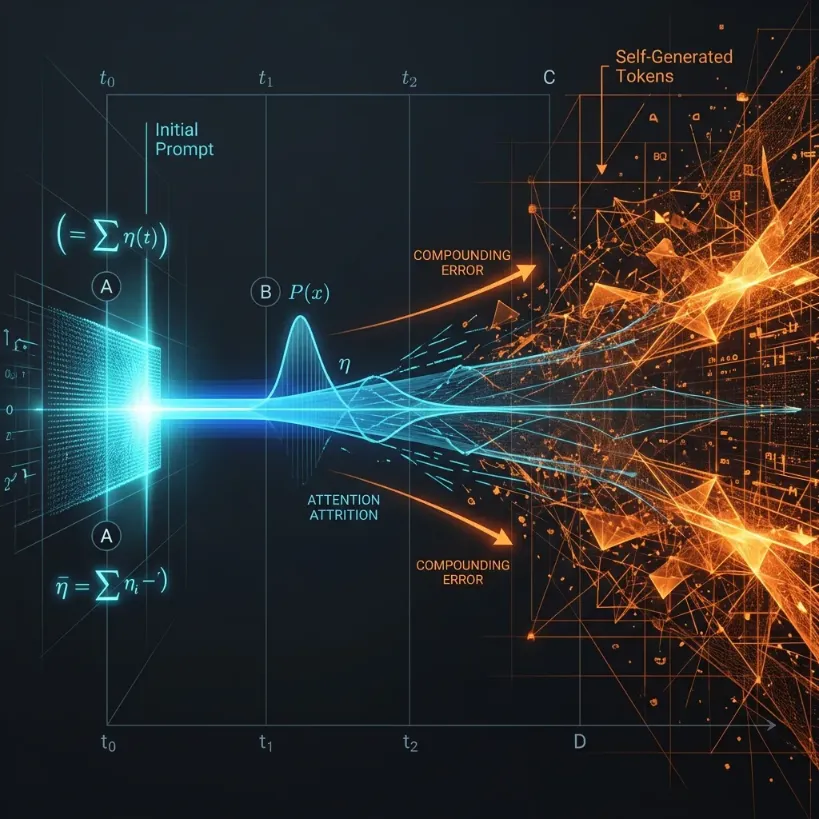 A diagram showing how the probabilistic weight of an initial prompt decays as generation length increases, being overwhelmed by the model's own generated tokens