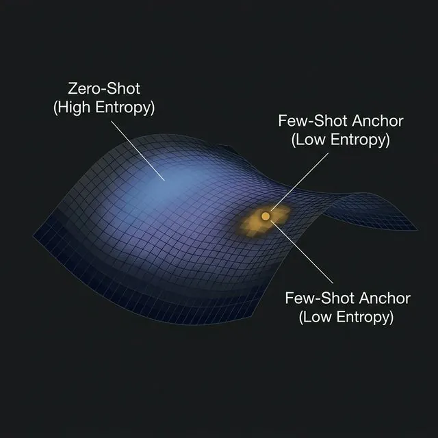 A diagram showing how few-shot examples act as geometric anchors on a high-dimensional latent manifold, concentrating probability mass compared to the diffuse zero-shot distribution