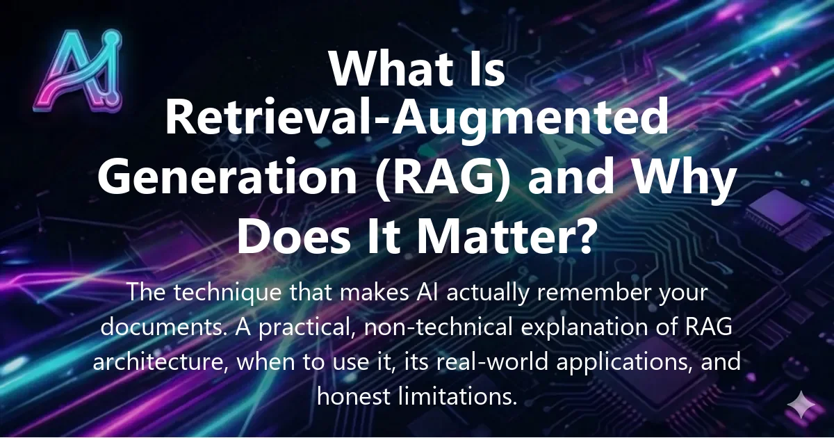 Cover image for "What Is Retrieval-Augmented Generation (RAG) and Why Does It Matter?" — RAG, retrieval-augmented generation guide | Applied AI Hub